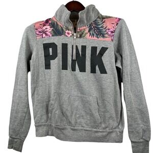 Victoria's Secret PINK Womens S Gray Pink Tropical 1/4 Zip Hoodie Pullover Dog